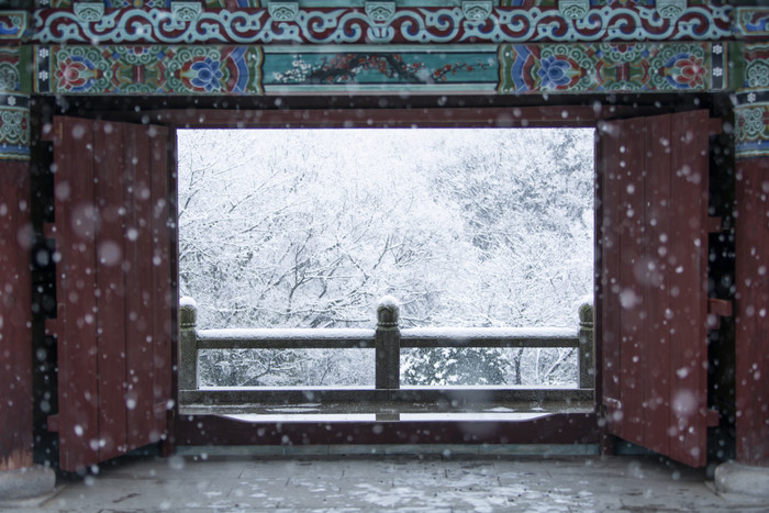 寒冷冬季红色大门外的雪景