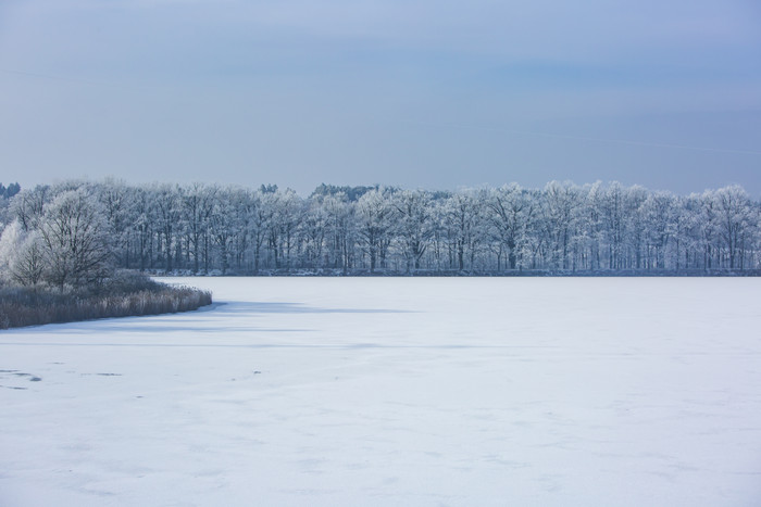 冬天湖泊结冰厚雪的样子