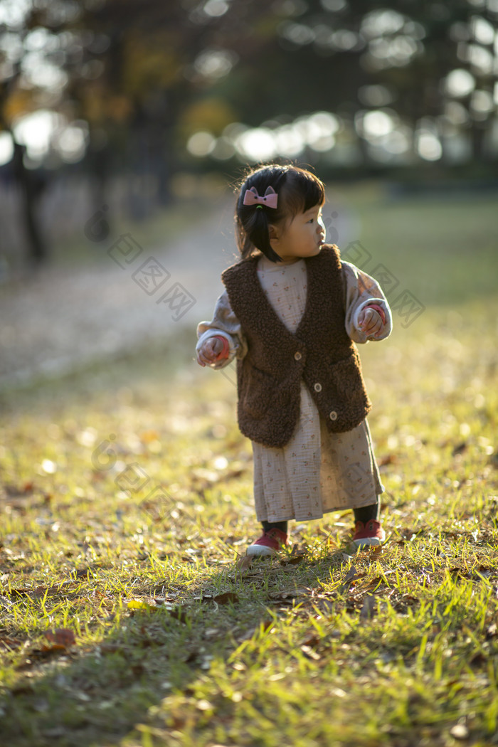 可爱的小女孩在草地上玩耍