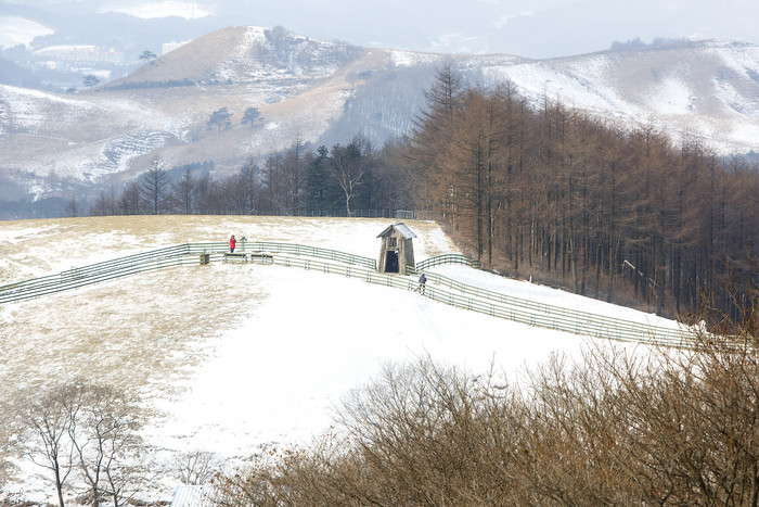 下雪大学的山坡上小木屋