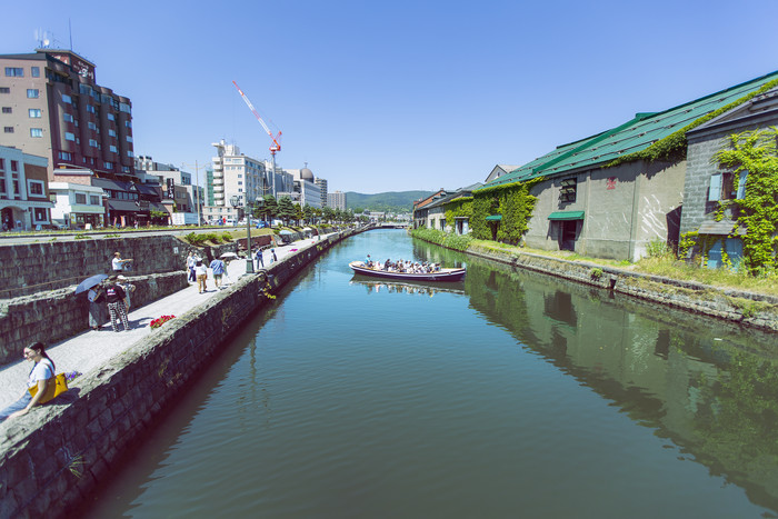 城市河流船舶人群