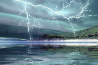 湖泊闪电风景插图