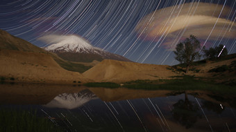 湖泊上空的流星雨摄影图