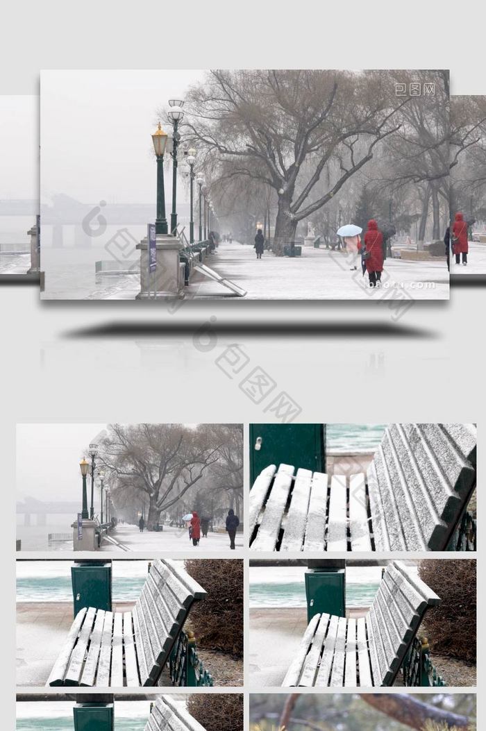 冬季户外旅行哈尔滨下雪天城市街道雪景实拍