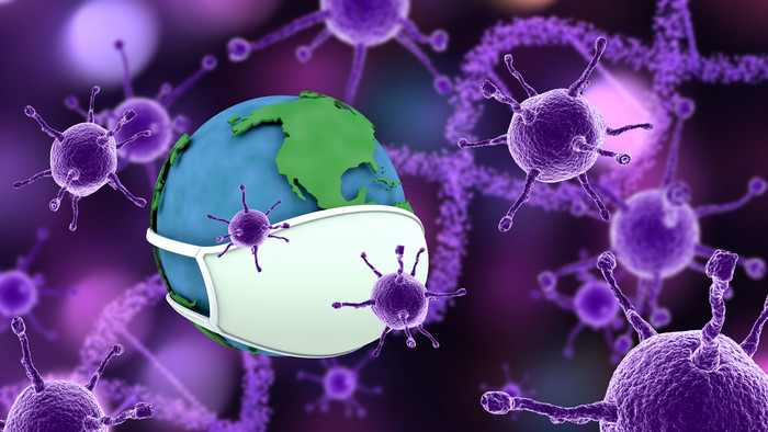 紫色的全球抗击防护病毒背景设计
