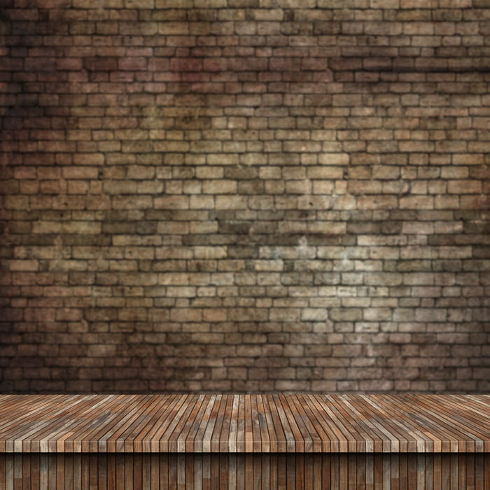 三维木制桌子可以看到肮脏的砖墙纹理