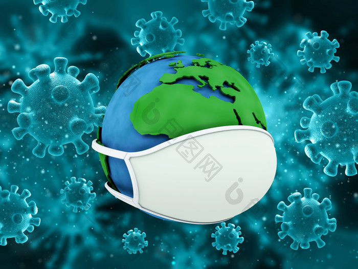 三维渲染病毒模型地球口罩元素背景设计