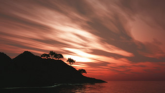 日落天空下大海岛屿树木摄影图片