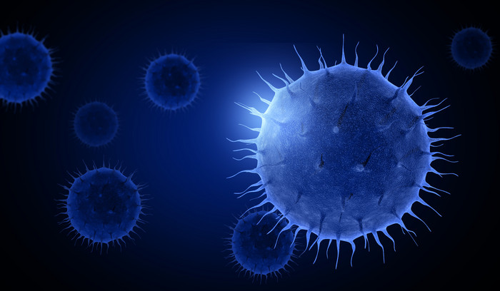 蓝色的球状病毒细胞发光圆形背景设计