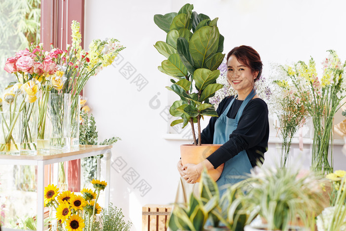 女人花店商店的微笑