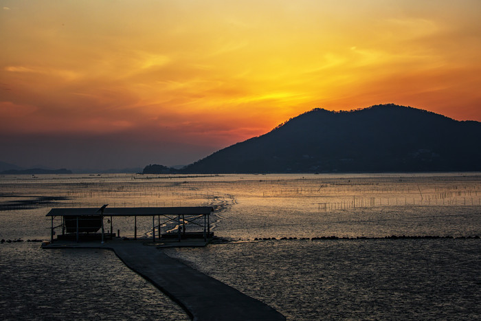 夕阳下的滩涂和观景台