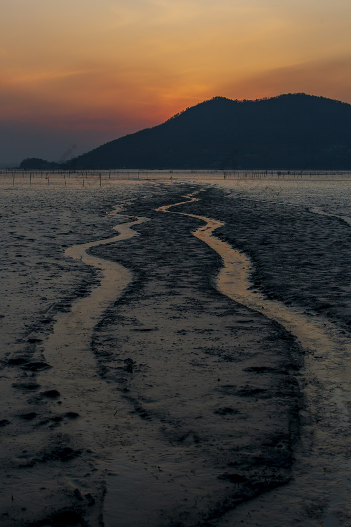 滩涂被夕阳照耀