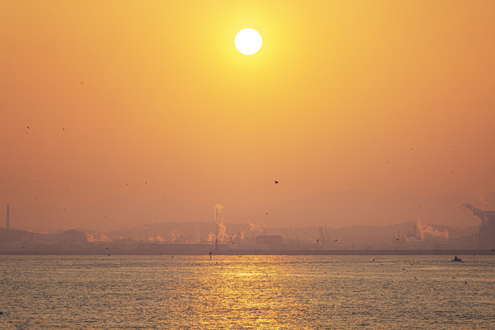 美丽金色晚霞海上落日摄影图