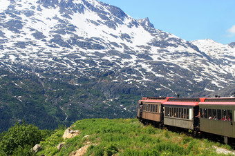 雪山下的草坪上行驶的火车