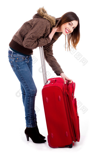 欧美美女打开红色行李箱