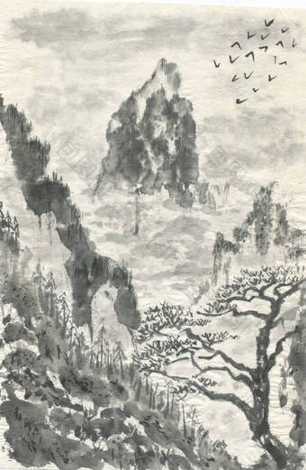 在雾中的山景。中国松。水彩和水墨插图的风格是苏米、乌信、和花色。东方传统绘画。单色图片
