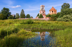 俄罗斯景观与静静的小河和老教会在 th
