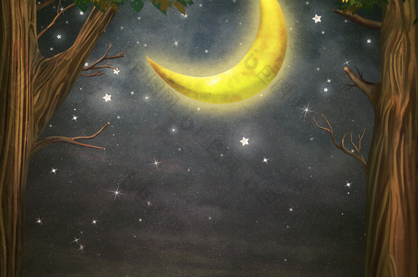 森林和梦幻般的月亮与星星的例证