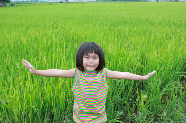 年轻女孩站在稻田里