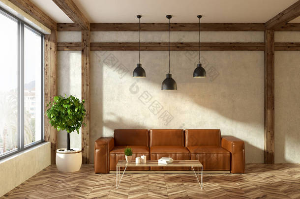 米色简约客厅内部与木地板, 全景窗口, 棕色真皮沙发站在旁边的咖啡桌和<strong>树</strong>在锅里。3d 渲染模拟