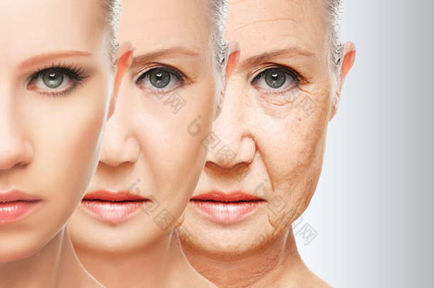 审美观念皮肤老化。抗衰老过程，年轻化，提升、 收紧面部皮肤