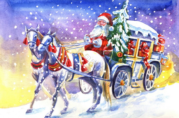圣诞老人在一辆马车的马