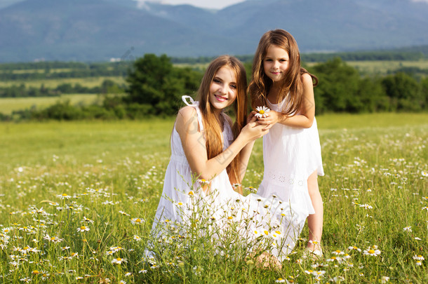两个漂亮的姐妹在草地上的 chamomiles