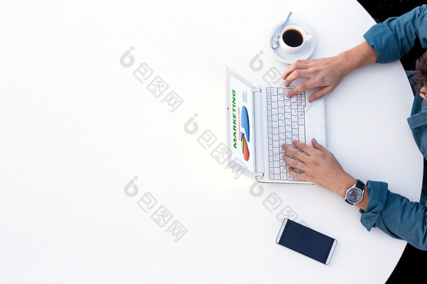 Businessman Working on Computer at Office White Round Table Top View