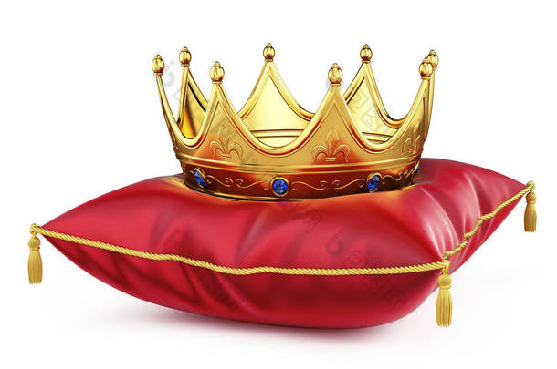 红色枕头上的皇家金王冠被白色隔开。3d 渲染