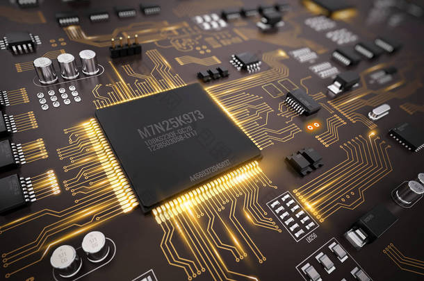 <strong>高科技</strong>电子 Pcb （印刷电路板） 处理器、 芯片与发光数字电子信号。3d 图