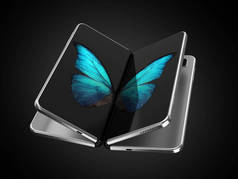 Concept of two foldable smartphone folded and placed next to each other with butterfly image on scre