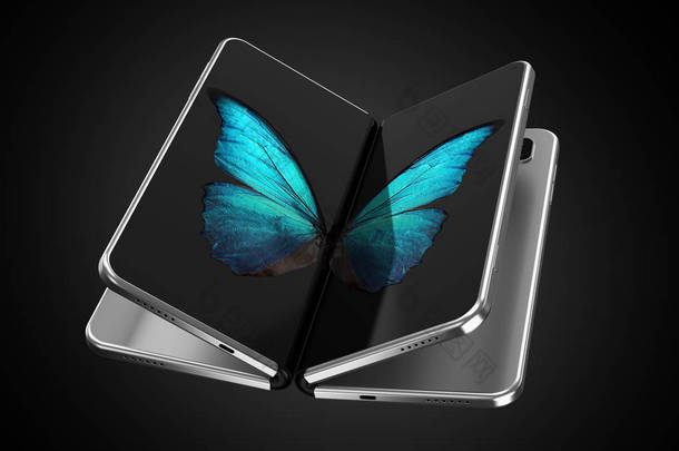 Concept of two foldable smartphone folded and placed next to each other with butterfly image on scre