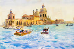 意大利威尼斯大运河。圣母玛利亚敬礼教堂。船夫是威尼斯的主要交通工具。水彩景观原始绘画插图世界的里程碑. 