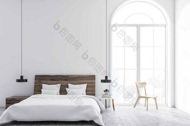 北欧风格的卧室的前景色, 白色的墙壁, 瓷砖地板, <strong>衣架</strong>, 和床头桌的主床。3d 渲染模拟