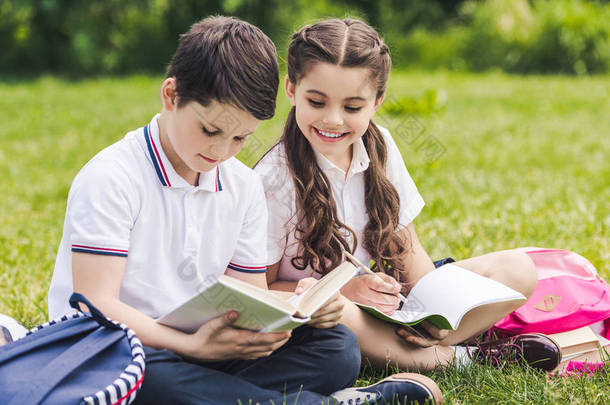 可爱的小学生一起做作业, 坐在公园的草地上
