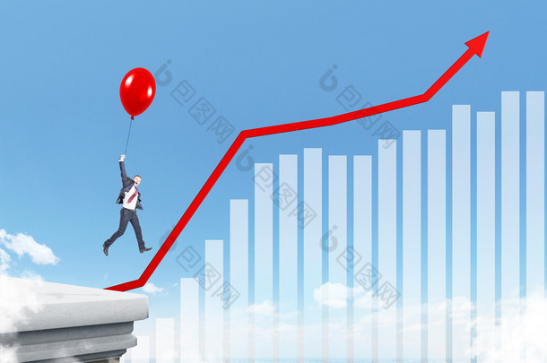 Businessman flying up on red balloon. Graphs and charts on sky background. Concept of growth.