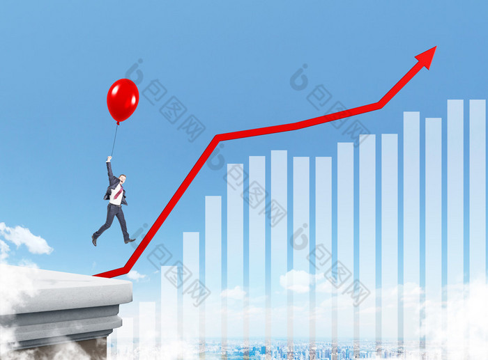 Businessman flying up on red balloon. Graphs and charts on sky background. Concept of growth.