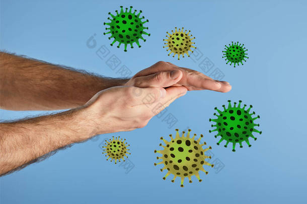 用蓝色、细菌图显示人洗手的<strong>局部</strong>视图