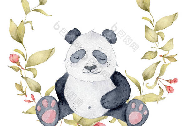 水彩熊猫熊插图与樱花花装饰可爱的动物