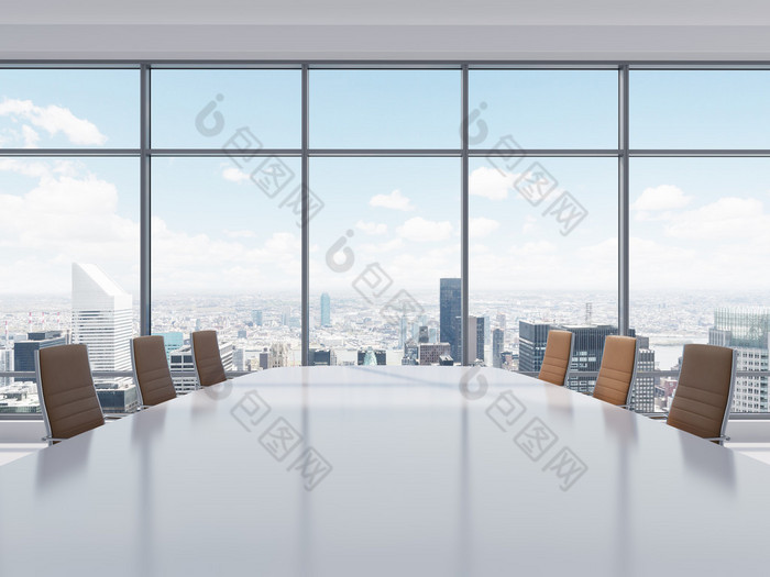 Panoramic conference room in modern office in New York City. Brown leather chairs and a table. 3D re