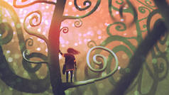 女孩站在魔法森林里的幻想树的树枝上