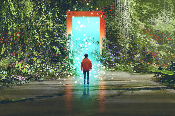 梦幻风光显示男孩站在神奇的大门前与发光的蓝光在美丽的森林, 数字艺术风格, 插图绘画