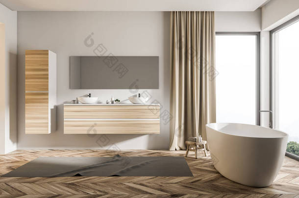 <strong>阁楼</strong>浴室内有一个双层水槽的木制货架, 白色浴缸, 衣柜和米色窗帘。3d 渲染模拟