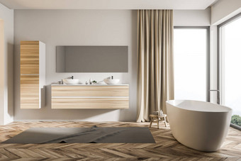 阁楼浴室内有一个双层水槽的木制货架, 白色浴缸, 衣柜和米色窗帘。3d 渲染模拟图片