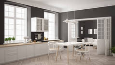 极简主义斯堪的纳维亚的白色的厨房与客厅中广管局