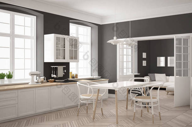 极简主义斯堪的纳维亚的白色的厨房与客厅中广管局