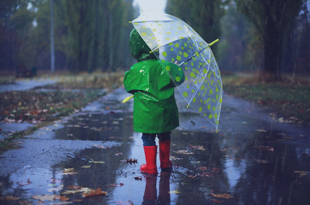 在秋天的雨季公园蹒跚学步