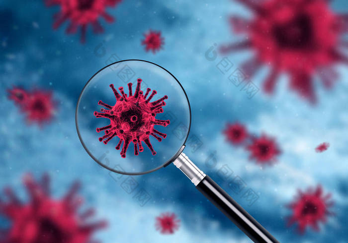 Healthcare concept with magnifying glass showing red virus bacteria