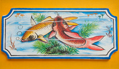 中国锦鲤鱼在中国寺庙墙上绘画
