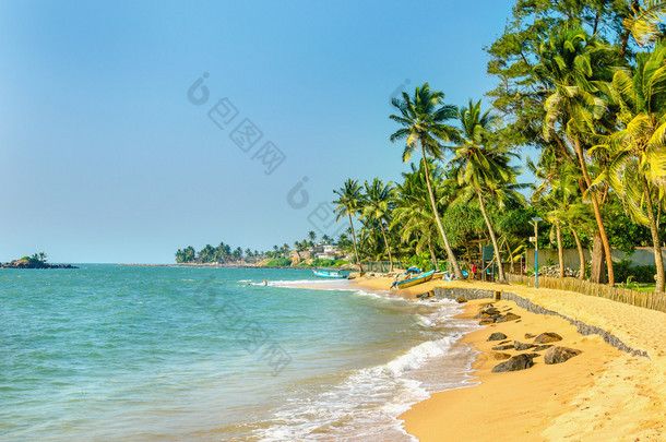 充满异国情调的加勒比海滩满是棕榈树